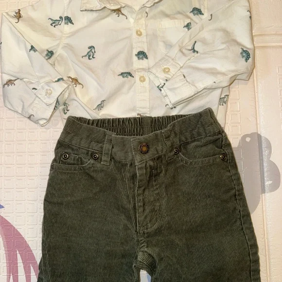 Like New Janie and Jack 2 Piece Boys Dinosaur Button Down w Green Corduroy Pants - Picture 7 of 14